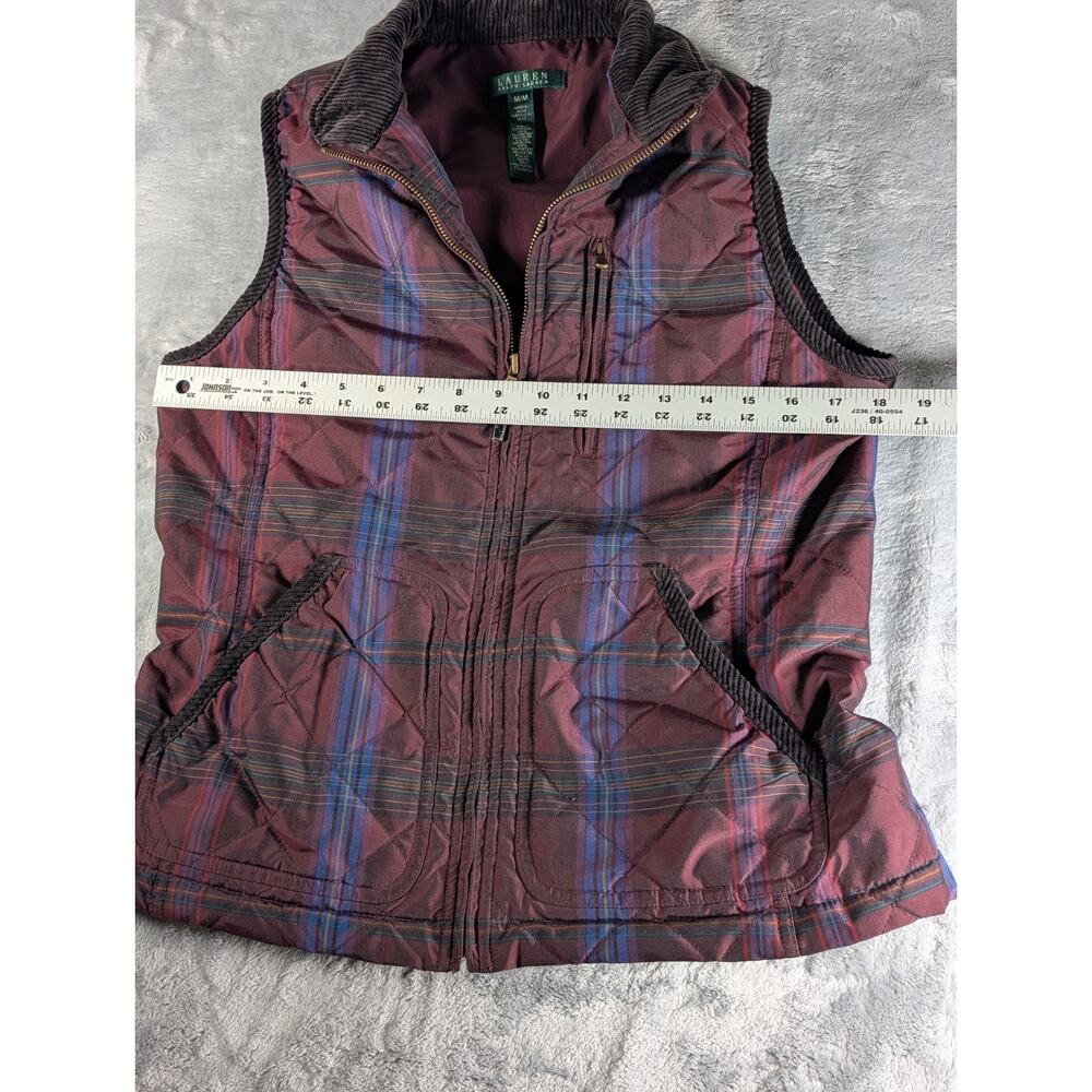 Lauren Ralph Lauren Vest Women's Med Burgundy Plaid Corduroy Trim Full Zip Y2K - Picture 7 of 9